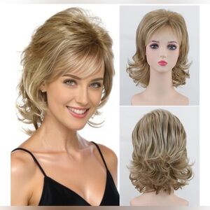 Short Mixed Blonde Curly Wig with Bangs Natural Hair fr Christmas New year Party